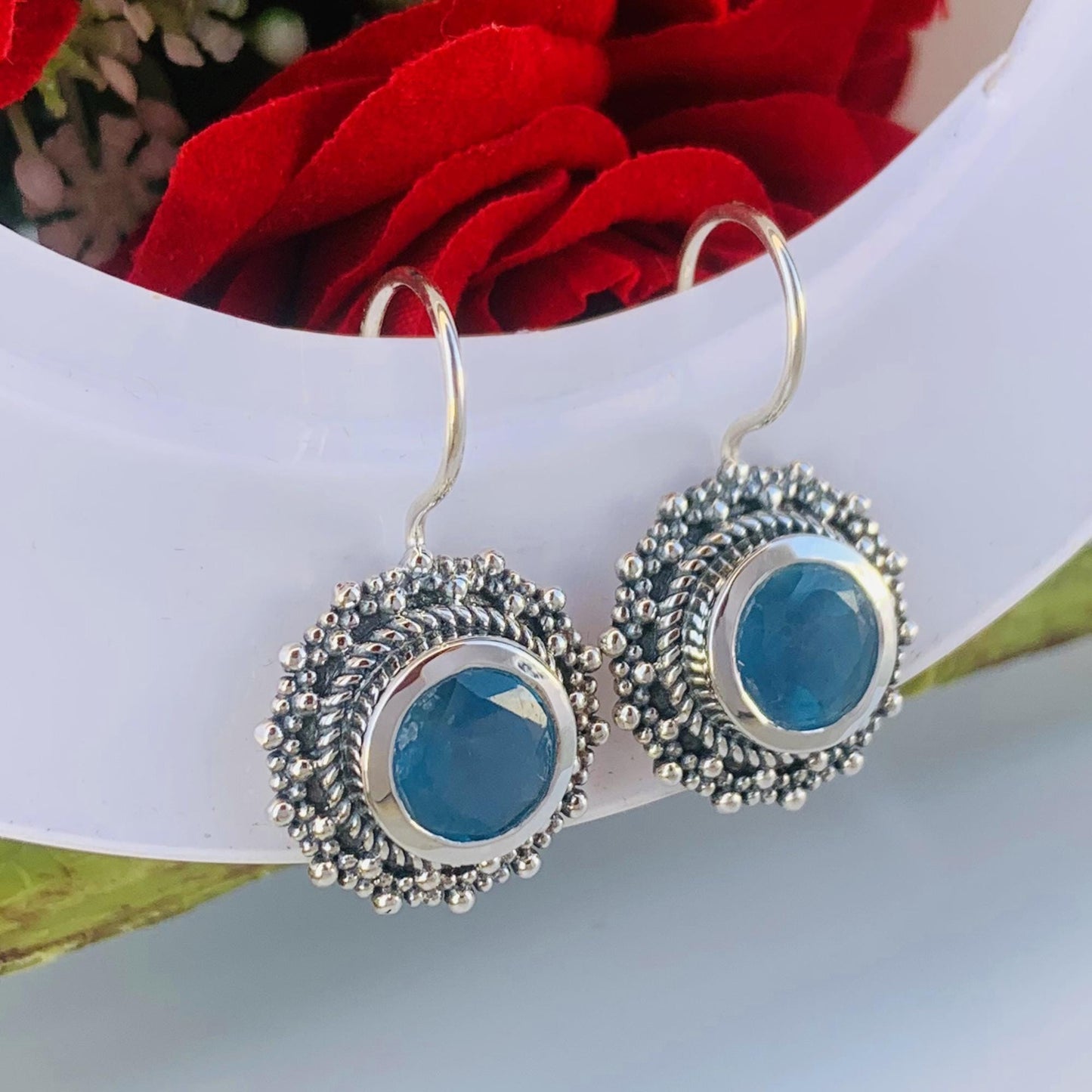 Round Blue Aquamarine Dangle Earrings - 925 Silver Statement Jewelry - BeadsBoatInc