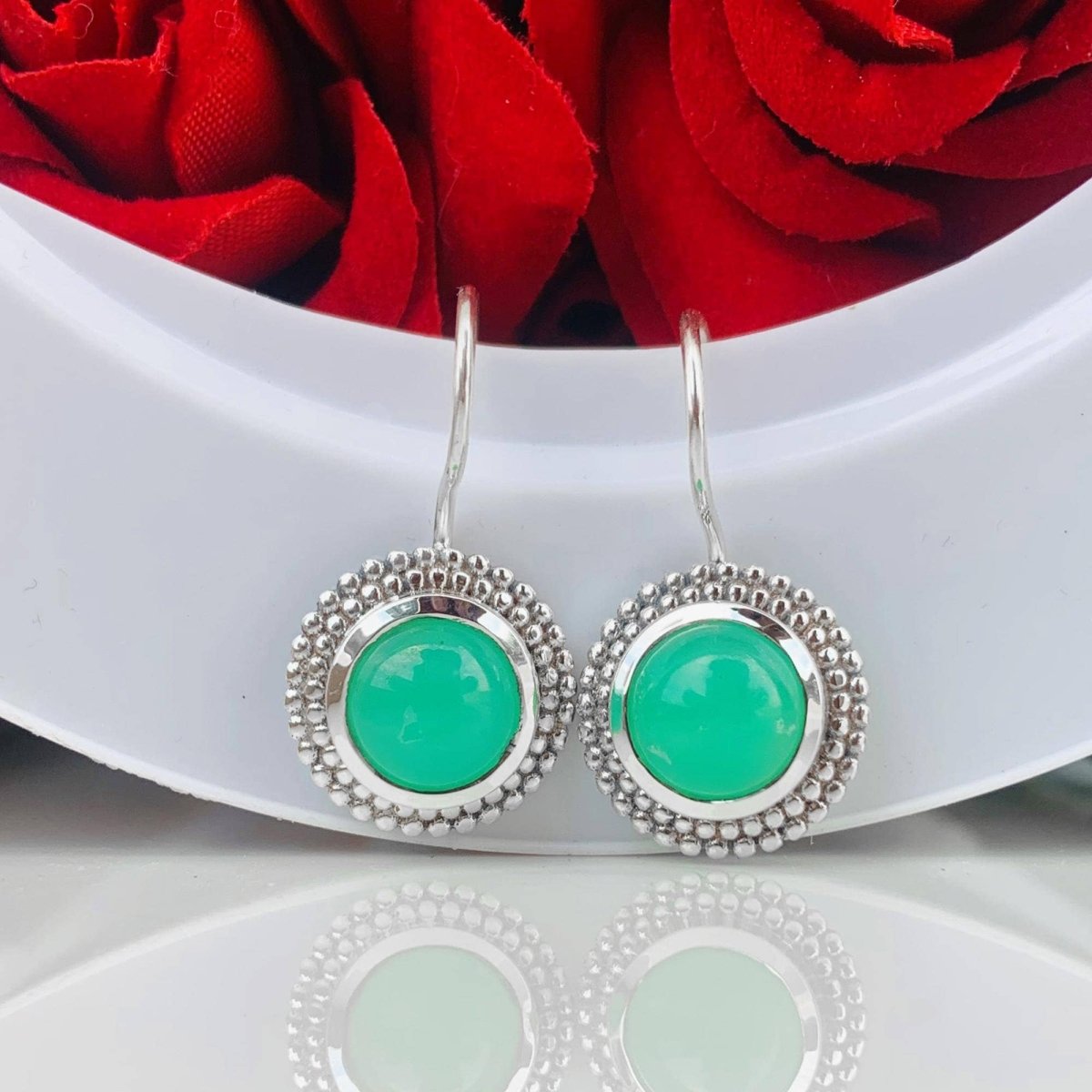 Round Chrysoprase Dangle Earrings - 925 Sterling Silver - BeadsBoatInc