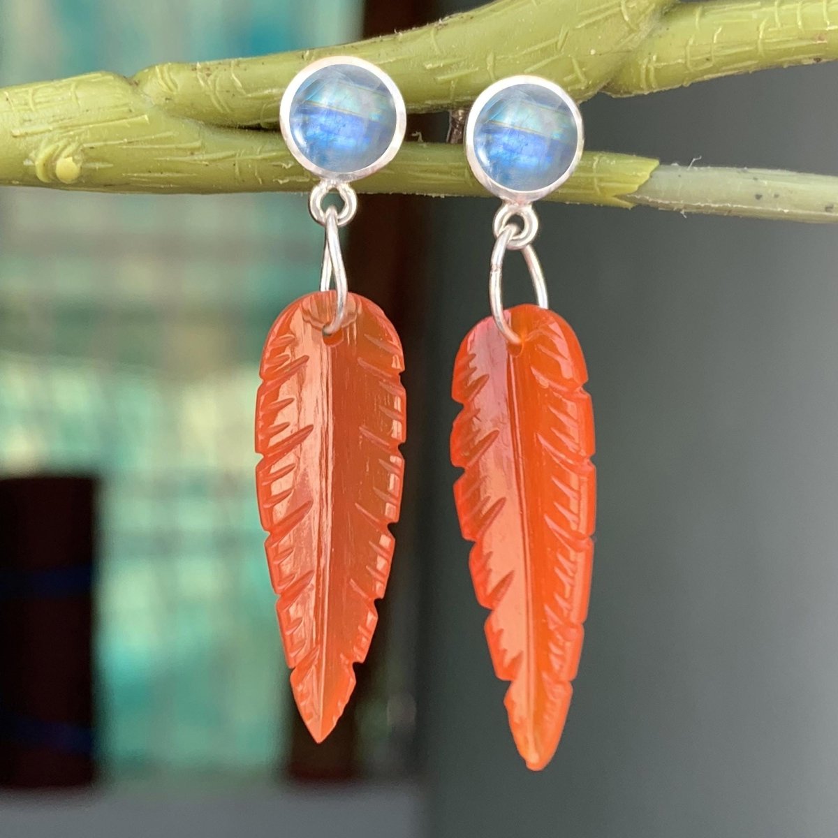 Silver Leaf Earrings ~ Carnelian & Rainbow Moonstone ~ Perfect For Every Occasion ~ Gift For Her ~ Gift For Mom ~ Bridesmaid Gift Jewelry - BeadsBoatInc