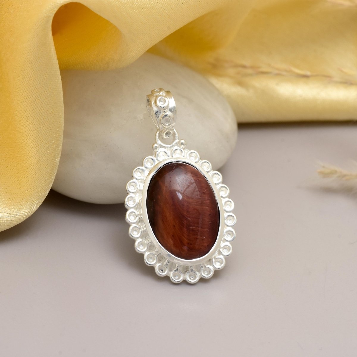 Tiger Eye 12x17mm Oval Pendant in 925 Silver Brown Gemstone Jewelry for Women - BeadsBoatInc