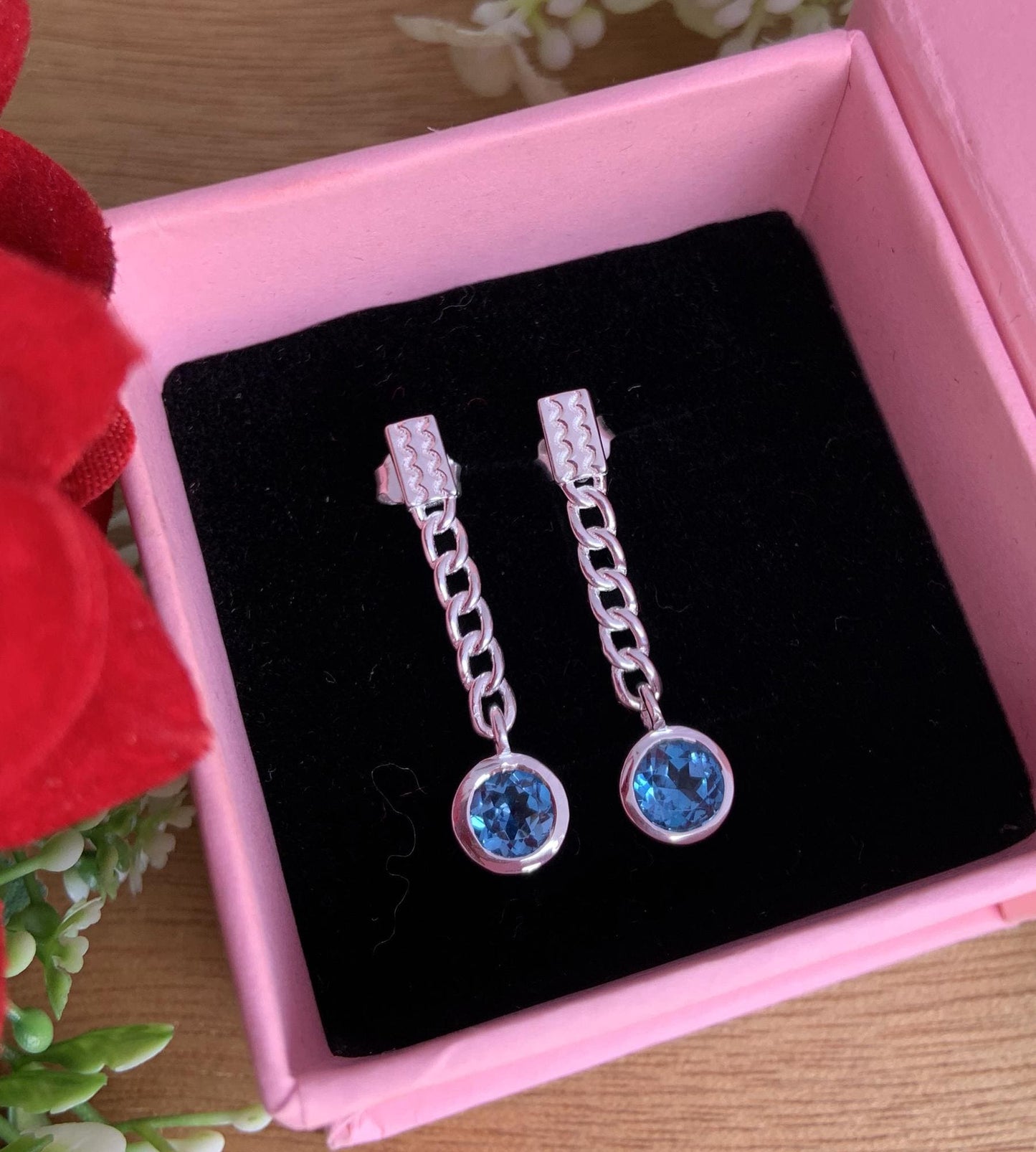 Blue topaz earrings, Silver and gold vermeil Jewelry, minimalist chain design earrings, Everyday wear, Dangling earrings, gift for her