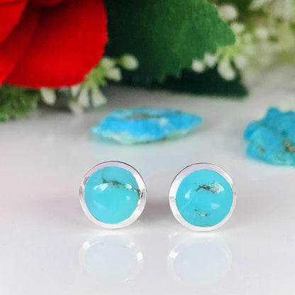Pair Of Round Turquoise Stud Earrings Set In Sterling Silver ~ vibrant blue of the turquoise stones ~ Dainty Earring ~ Gift For Her ~ E-0001