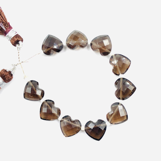 10 Pcs Natural Smoky Quartz Carved Heart shape Gemstone Briolette, Faceted Heart Shape Side Drilled Beads, Beads For Jewelry, SKU-BBI310