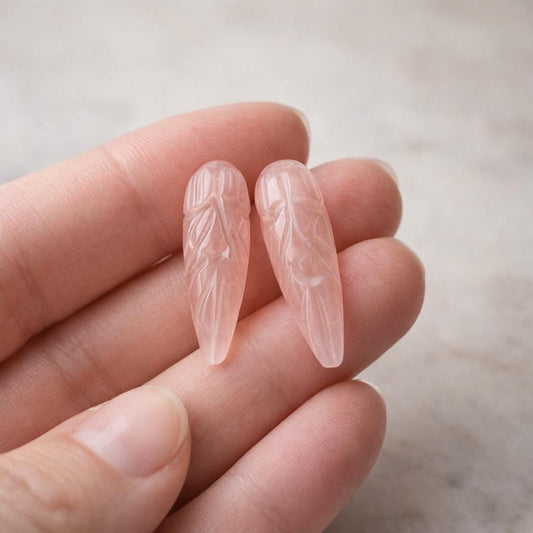 1 Pair Natural Rose Quartz Hand Carved Drop Shape Briolette Beads, Handmade Matching Pair beads, Earring Making Gemstone Size - 9x26mm