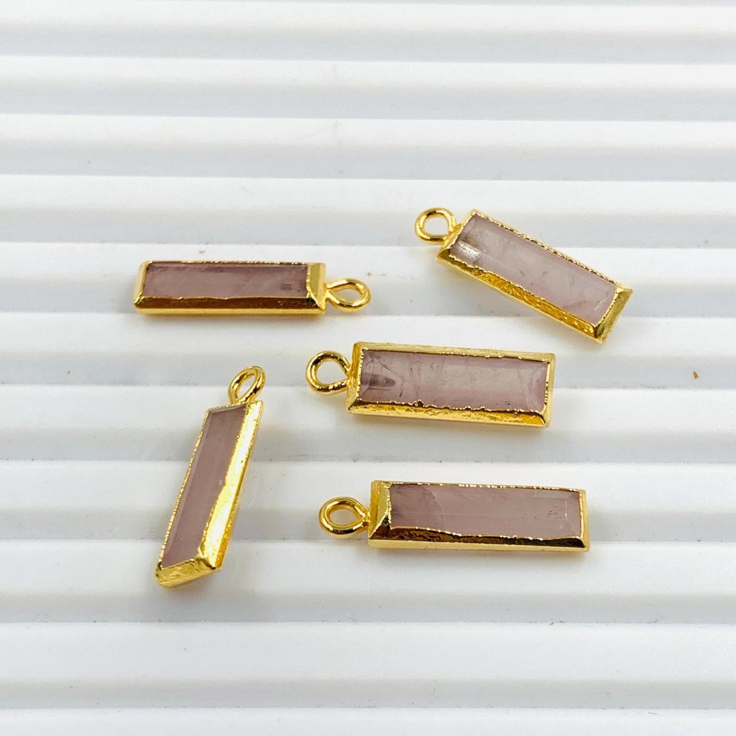 5 Pcs Natural Rose Quartz Faceted Baguette Shape Gemstone Gold Bezel Connector Jewelry Making Size 5x15mm Charm Connector for pendent