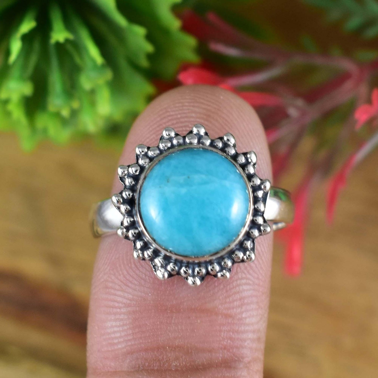 Round Aqua Blue Amazonite Bezel Ring in 925 Sterling Silver