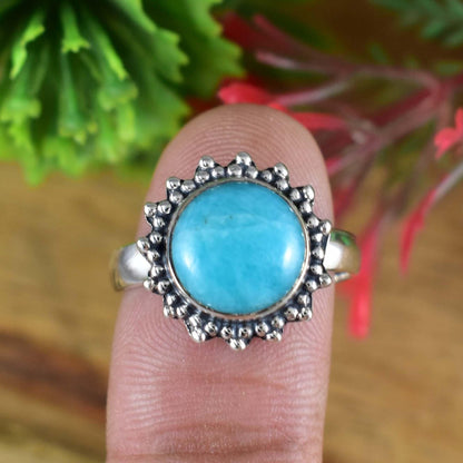 Round Aqua Blue Amazonite Bezel Ring in 925 Sterling Silver