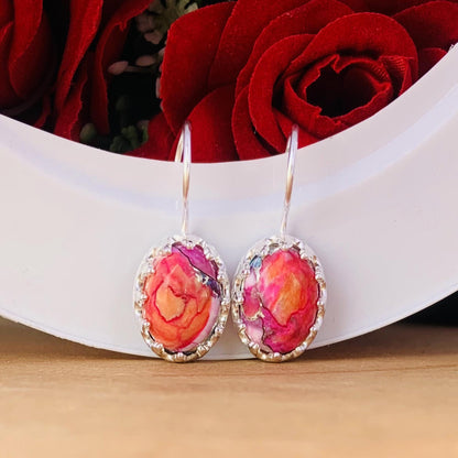 Kingman Pink Dahlia Turquoise Earrings ~ 925 Sterling Silver Jewelry ~ Designer Boho Silver Earrings ~ Gift For Her ~ Wedding Gift ~ E-0015