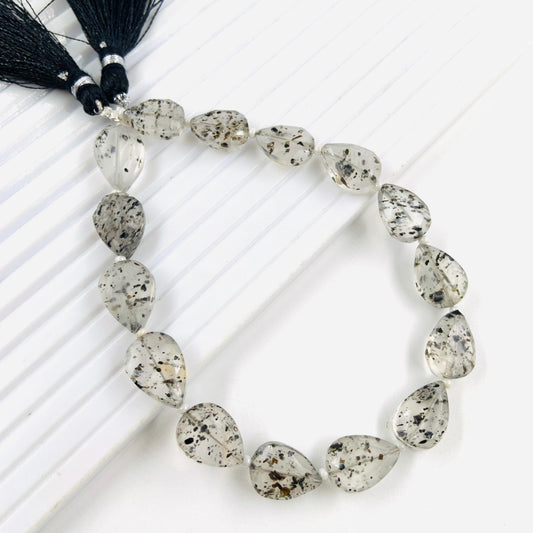 15 Pieces Natural Black Dot Quartz faceted Pear Drop Center Drill Briolette Gemstone, Pear Drop beads for Jewelry, 8 Inch Strand Size 9x12mm
