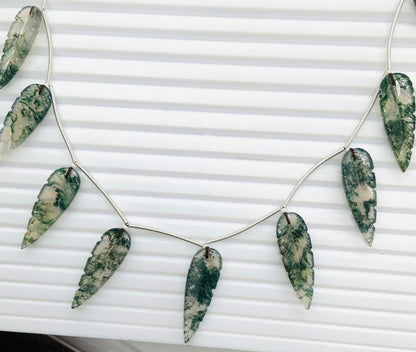 10 Pieces Natural Moss Agate Leaf Shape Carved Briolette Beads