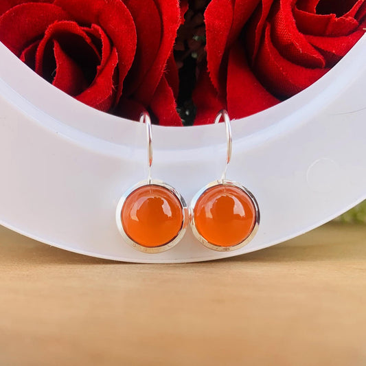 Natural Carnelian Silver Earrings ~ Carnelian Stone of Attraction ~ Round Orange Stone ~ Gift For Mom ~ Birthday Gift ~  E-0013