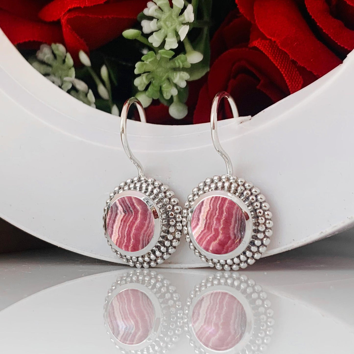 Natural Pink Rhodochrosite Dangle Earrings - 925 Sterling Silver Gemstone Jewelry