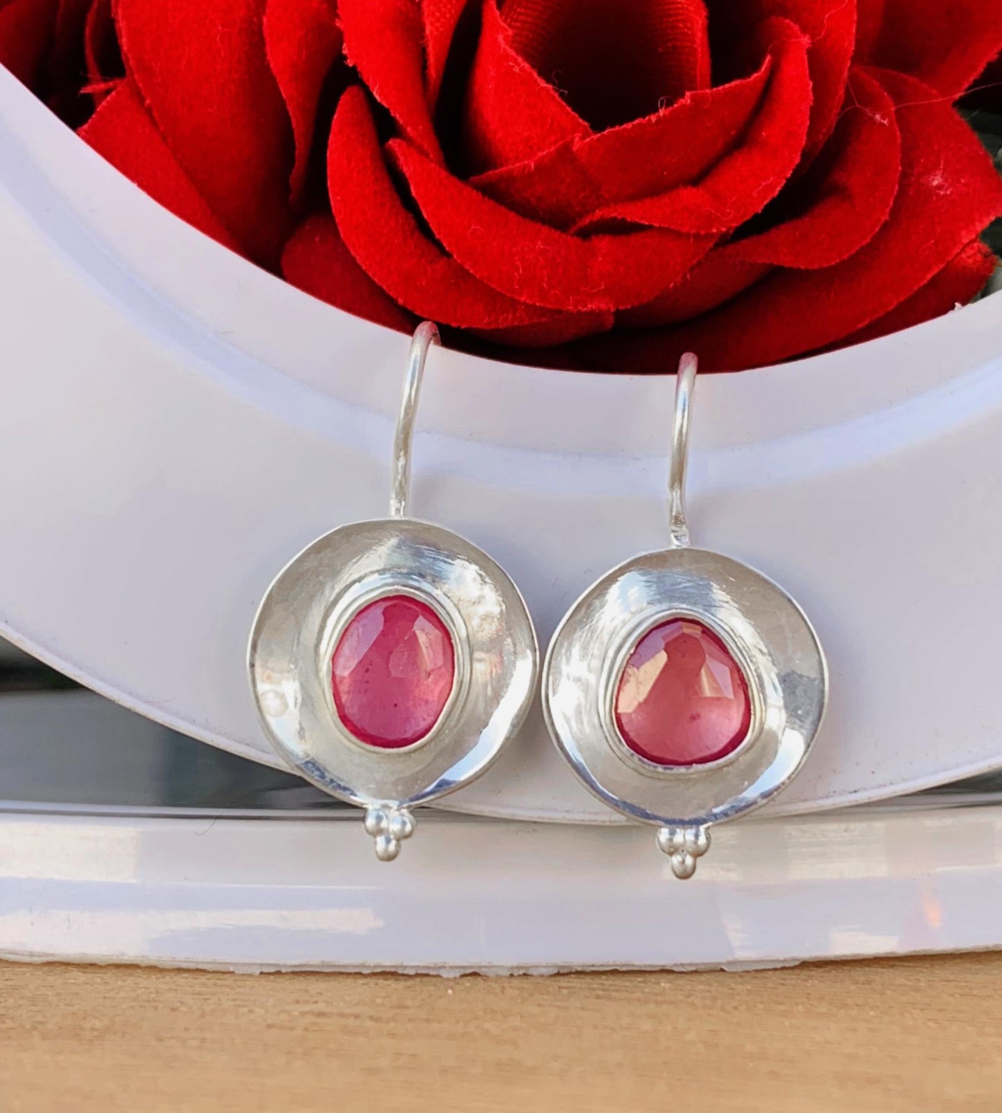 Rose cut Ruby Earrings ~ Silver and Vermeil Gold Earrings ~ Rustic Artisan Jewelry ~ Pink Ruby Birthstone Earrings ~ Gift For Her ~ E-0044