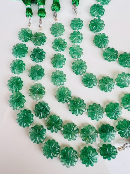 10 Pieces Natural Green Strawberry Carved Flower gemstone Fancy shape Slot Carved Briolette beads for jewelry making Size 14mm to 15mm