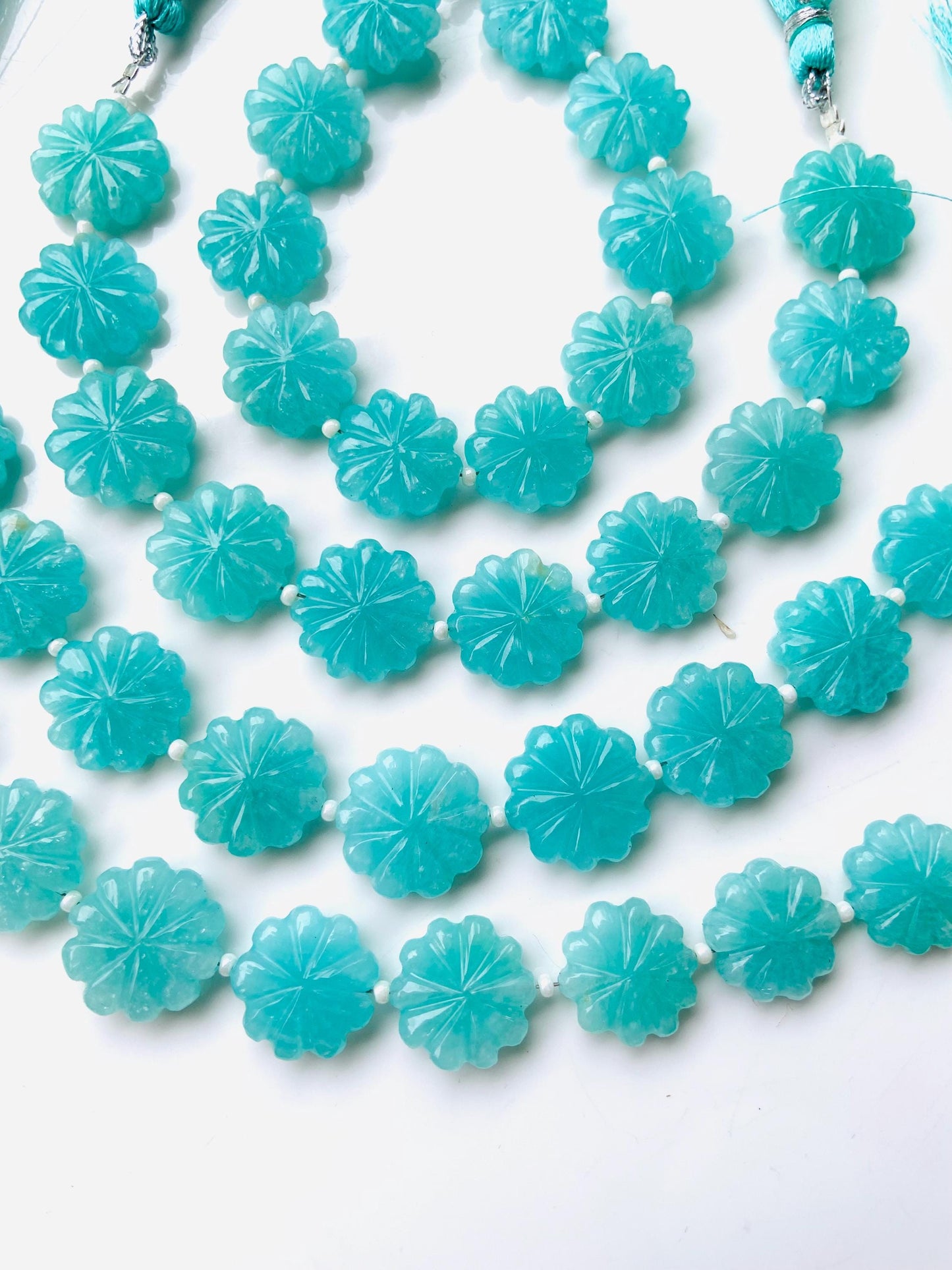 10 Pieces Natural Amazonite Carved Flower gemstone Fancy shape Slot Carved Briolette beads for jewelry making Size 14mm to 15mm gift for her