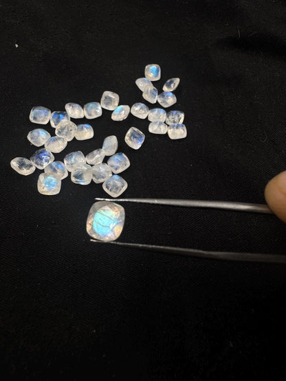 5 Pieces Natural White rainbow Faceted Cushion Shape Gemstone CALIBRATED Loose Cut Stone for Jewelry Making Semi Precious Cutstone Size 6mm