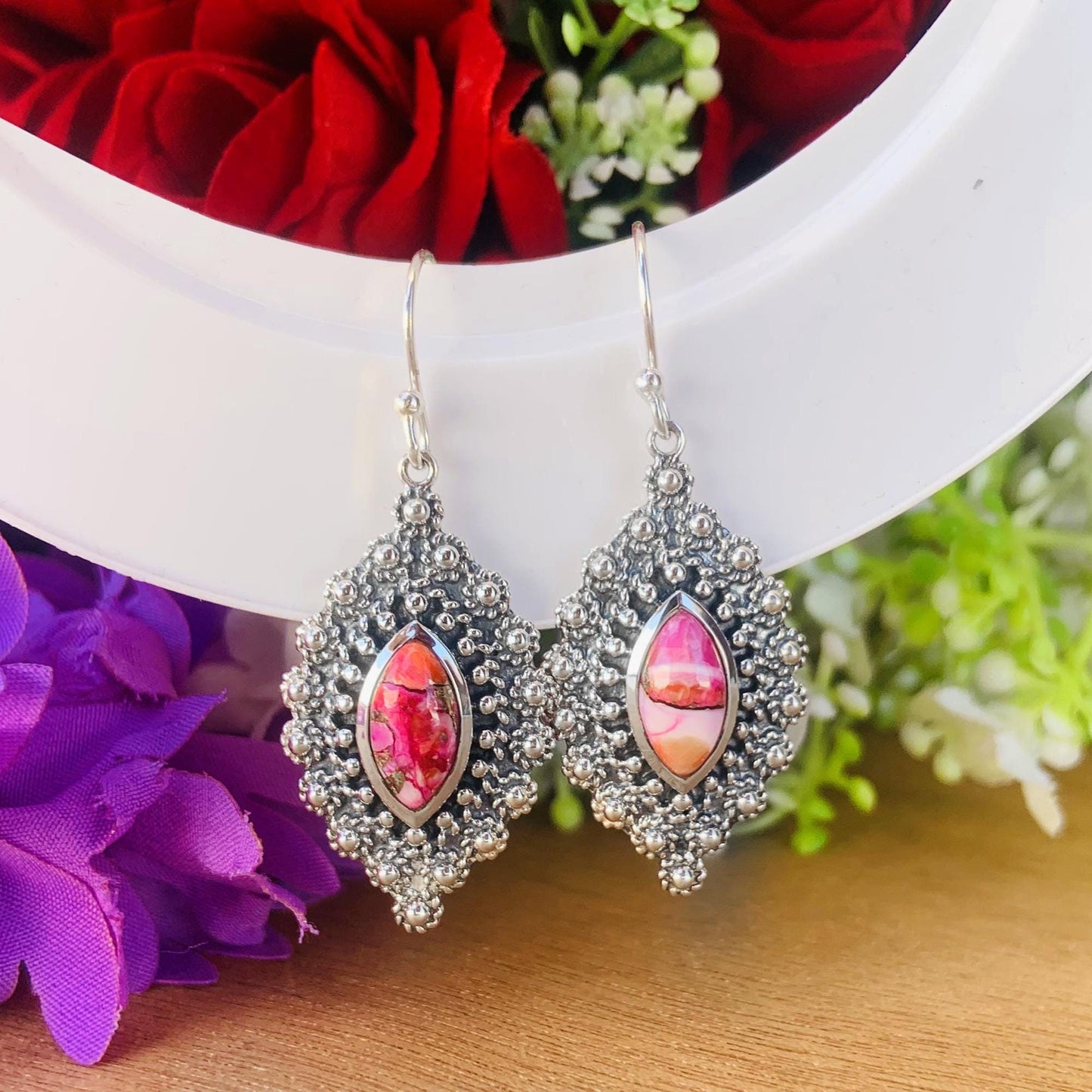 Kingman Pink Dahlia Turquoise Earrings ~ Marquise Shape Stone ~ Ornate Style Statement Earrings ~ Boho & Hippie Style Jewelry ~ E-0025