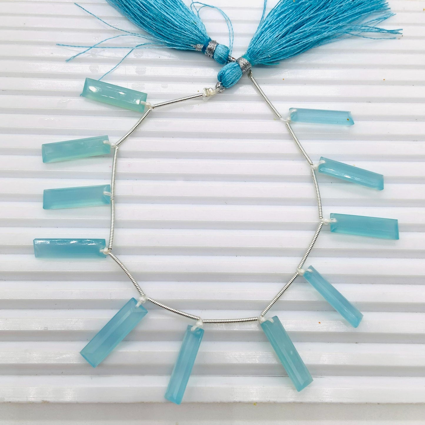 10 Pieces Natural Aqua Chalcedony Baguette Step cut Faceted Gemstone beads Size 20X6X4mm Gift for her and Jewelry making BBI1129