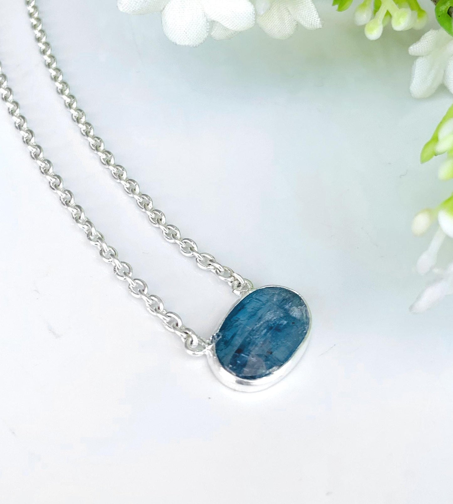 Blue Kyanite Rosecut Necklace – Minimalist Silver & Gold Pendant, Gift for Her