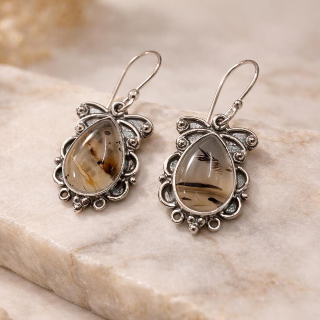 Natural Dendritic Agate Teardrop Silver Earrings | Natural Scenic Agate | Teardrop Scenic Agate | 925 Sterling Silver Handmade Drop Earrings
