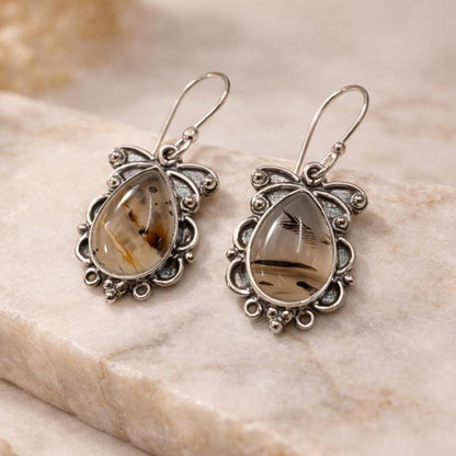 Natural Dendritic Agate Teardrop Silver Earrings | Natural Scenic Agate | Teardrop Scenic Agate | 925 Sterling Silver Handmade Drop Earrings