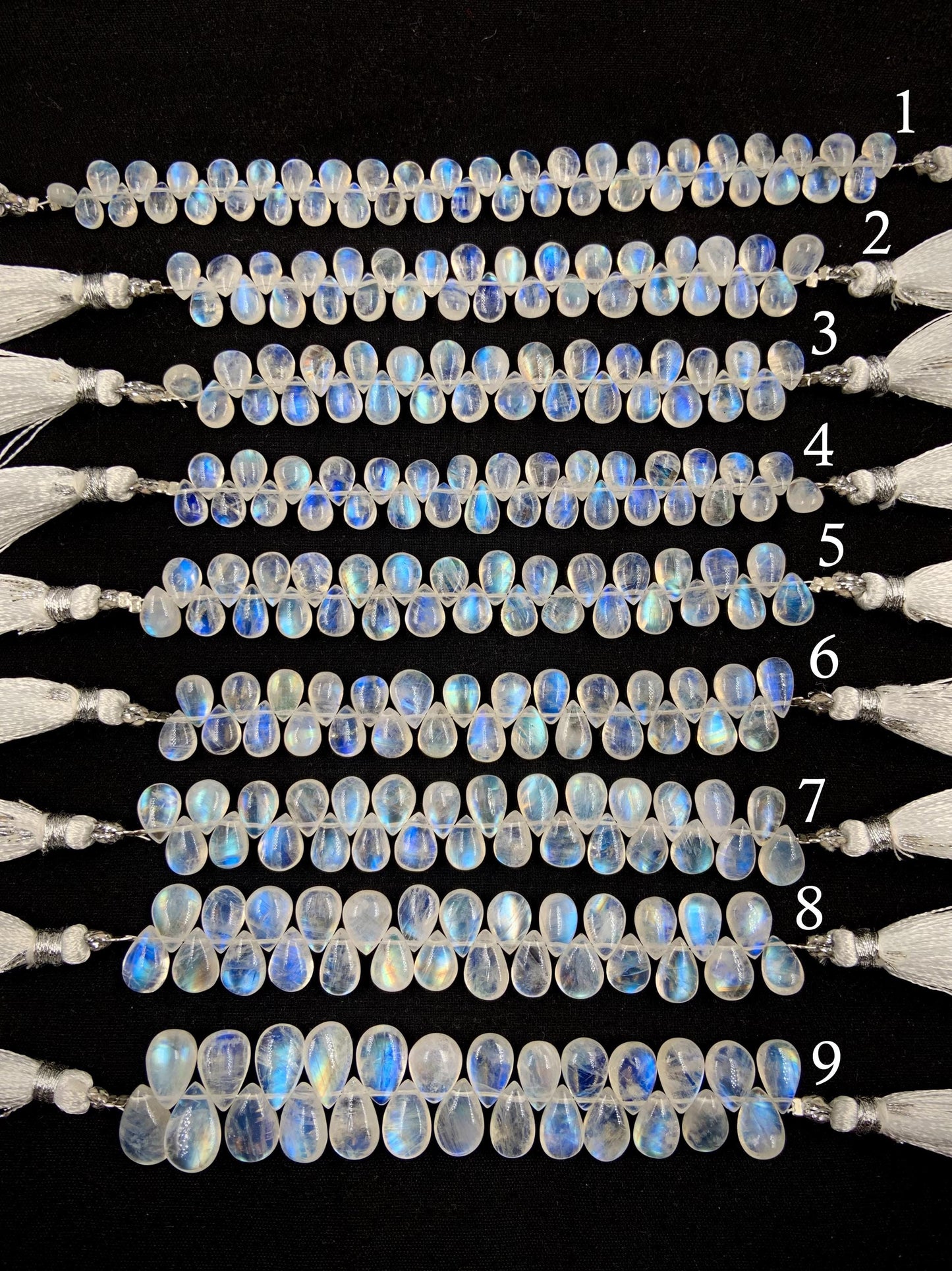 Natural White rainbow Moonstone Smooth Pear Shape Gemstone Briolette Side drill beads Blue flashy Moonstone beads Earring Making for jewelry
