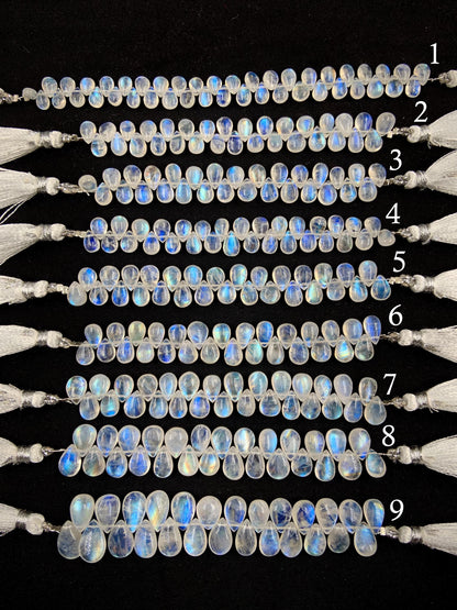 Natural White rainbow Moonstone Smooth Pear Shape Gemstone Briolette Side drill beads Blue flashy Moonstone beads Earring Making for jewelry