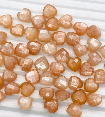 Premium Peach Moonstone Faceted Carved Heart Shape Loose Gemstone Beads, Carved Heart Shape Gemstone Briolette Gemstone Beads For Women 10mm