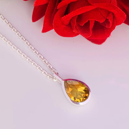 Natural Citrine 925 Silver Dainty Necklace - Pear Shape Minimalist Pendant