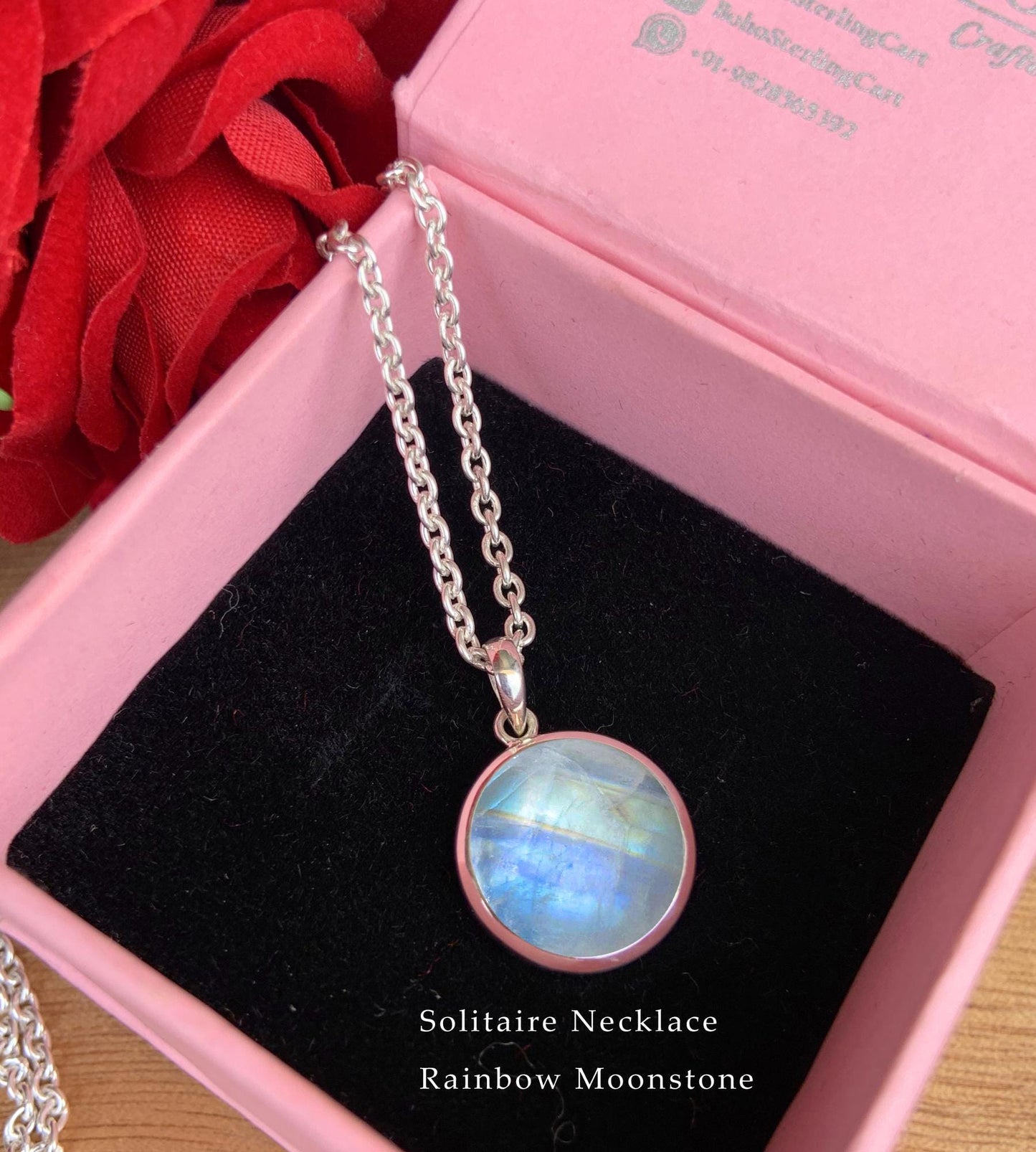 Rainbow Moonstone Full Moon Necklace – Dainty Solitaire Pendant in Silver or 18K Gold