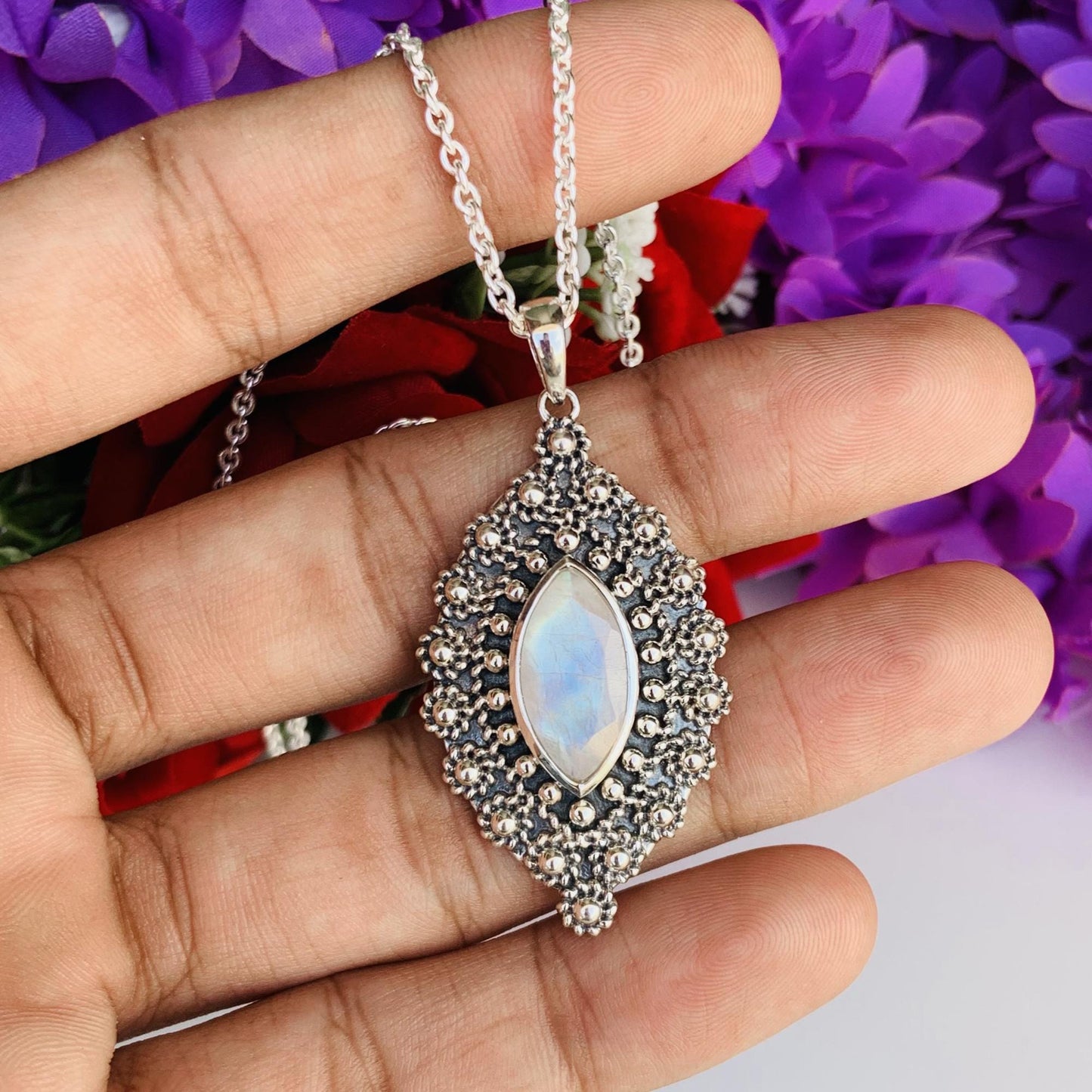 Rainbow moonstone Boho Silver Jewelry ~ Handmade Designer Jewelry ~ Ornate Style Silver Pendant ~ Gift For Her ~ P-0021