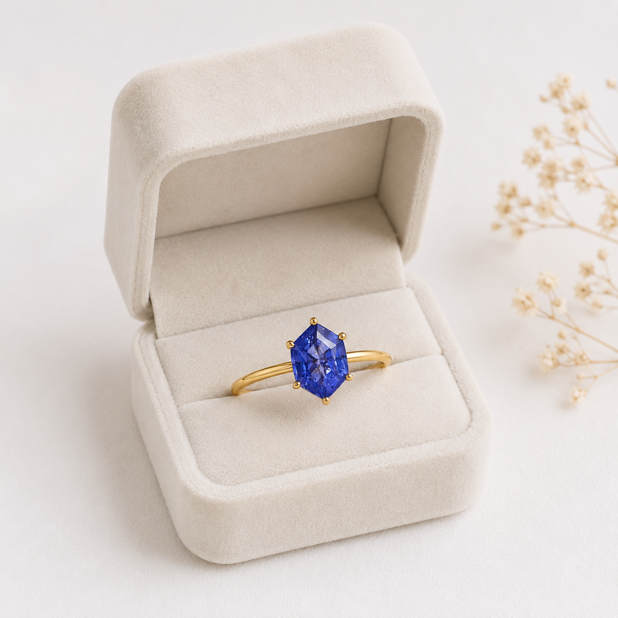 Lab Grown Tanzanite Engagement Ring in 14K Gold, Elongated Hexagon Solitaire