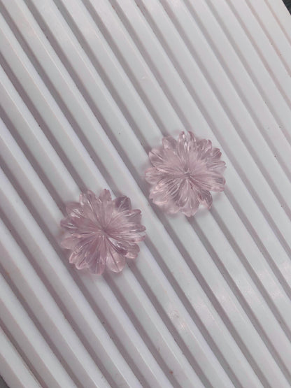 1 Pair Natural Rose Quartz Hand Carved Flower Shape Briolette Beads, Carved Flower shape jewelry making Pair Gemstone Size -24x24X4mm