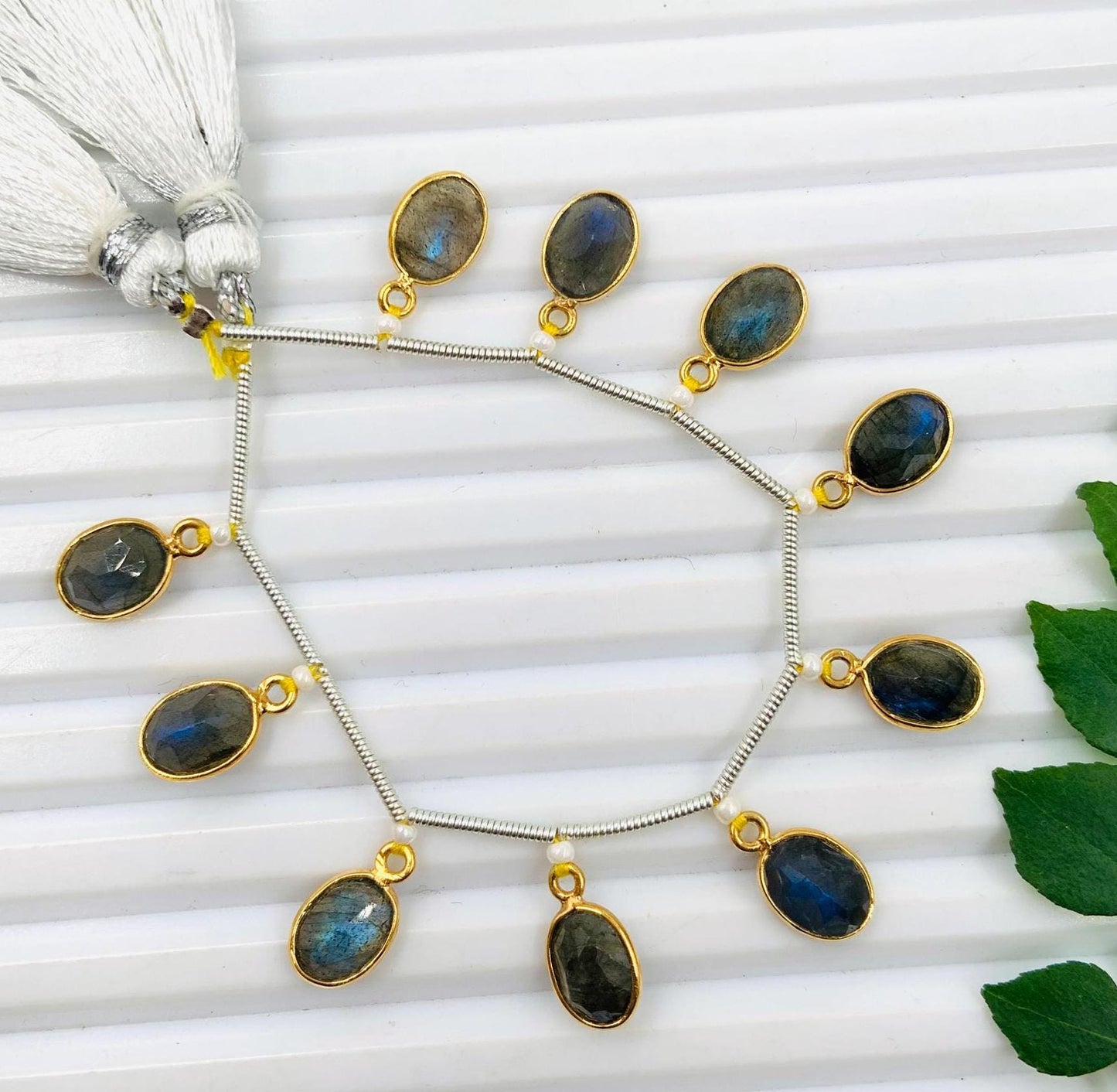 10 Labradorite Gold Bezel Connectors, Oval Gemstone Charms (6x8mm)