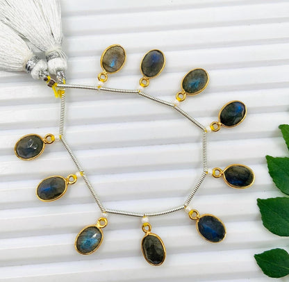 10 Labradorite Gold Bezel Connectors, Oval Gemstone Charms (6x8mm)