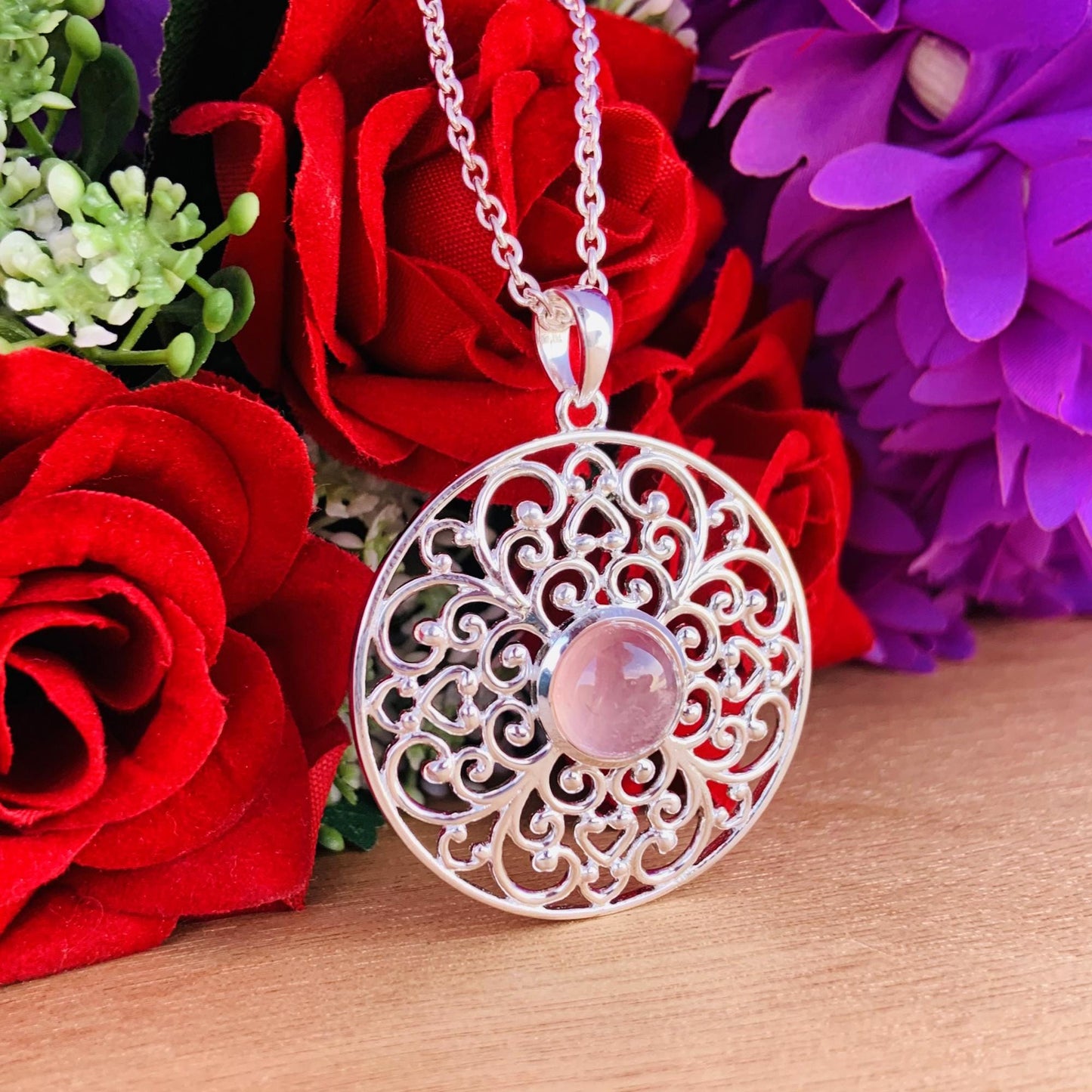 Ornate Pastel Pink Rose Quartz Filigree Silver Necklace