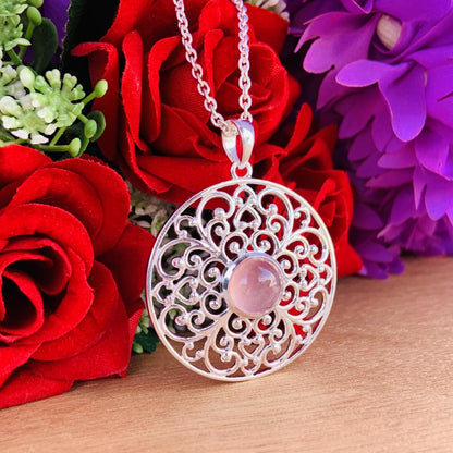 Ornate Pastel Pink Rose Quartz Filigree Silver Necklace