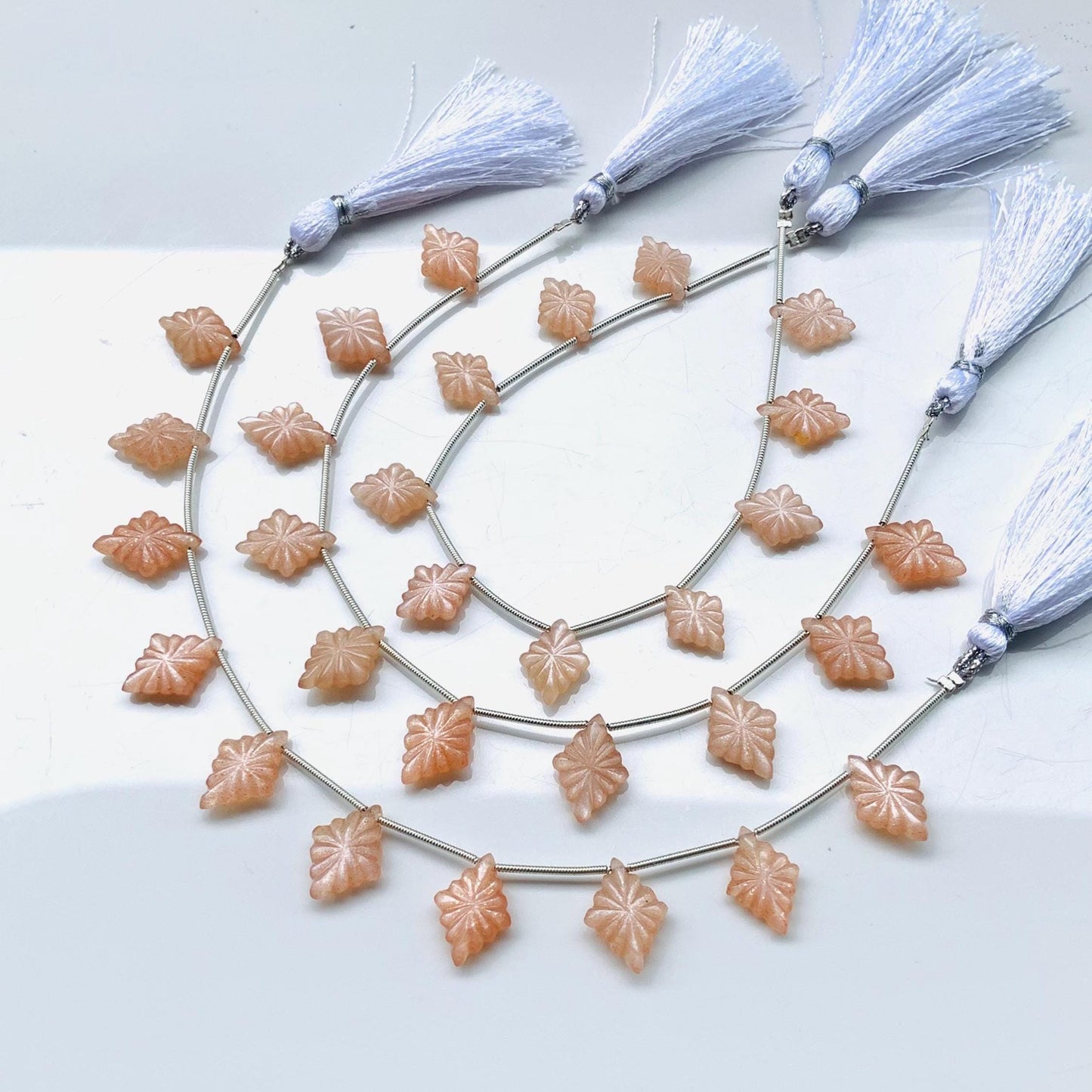 10 Pcs Natural Peach Moonstone Slot Carved Side drill gemstone Fancy shape Briolette lozenge beads for jewelry Size 11x15x4mm gift for her