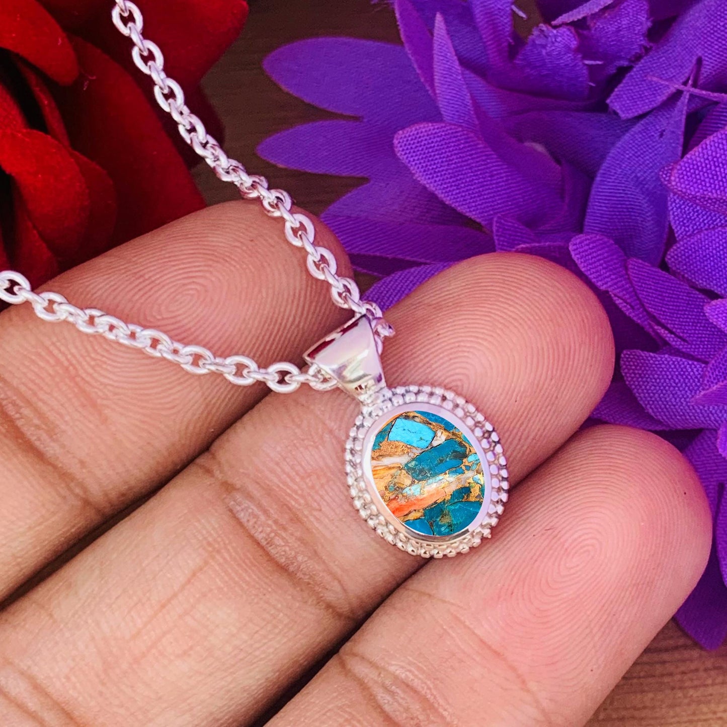 Oyster Turquoise Necklace – Dainty Silver Boho Pendant, Gift for Her