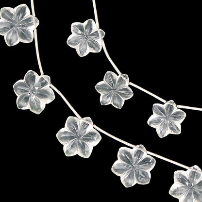 Crystal Quartz Gemstone Flower Beaded Necklace, Healing Jewelry For Mother, 16x16x6mm White Carved Quartz Necklace