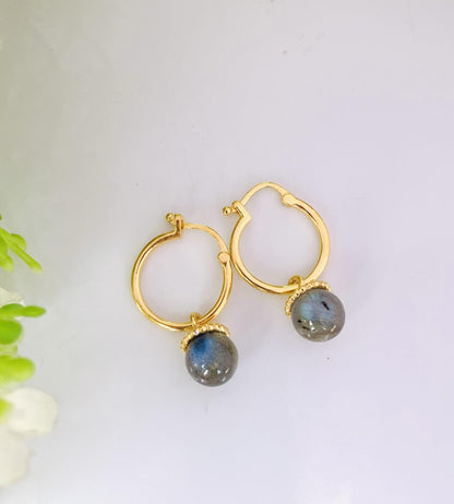 Labradorite Hoop Huggies Earrings ~ Silver & Vermeil Gold Earrings ~ Gift For Mom ~ Dangling Pearl Earrings ~ Bridesmaids Earrings ~
