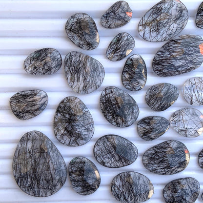 10 Pieces Natural Black Rutile Rose Cut Slices Cabochon Faceted Rose Cut Flat Back Cabochons, Rose Cut Loose Gemstone, Black Rutile Slices
