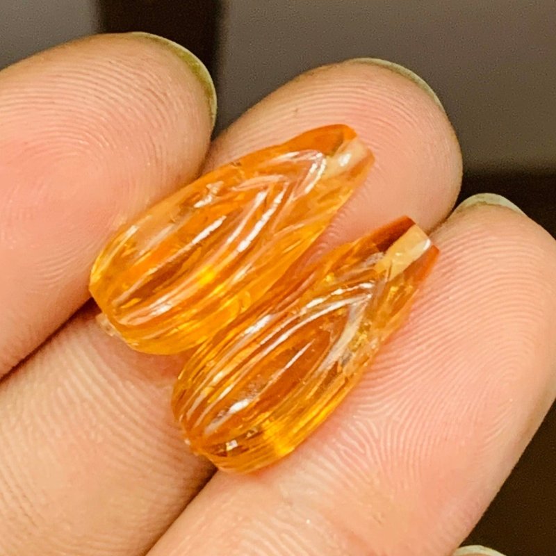 1 Pair Natural Citrine Drop Briolette Beads | Hand Carved Matching Pair - BeadsBoatInc