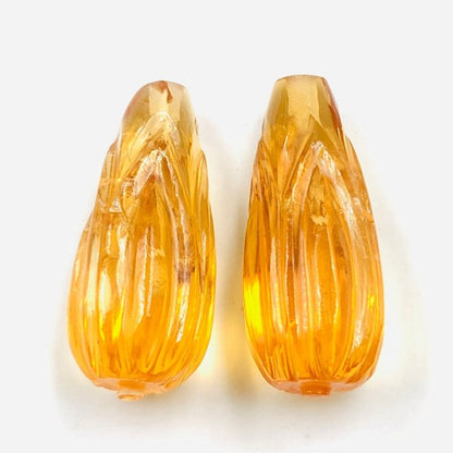1 Pair Natural Citrine Drop Briolette Beads | Hand Carved Matching Pair - BeadsBoatInc