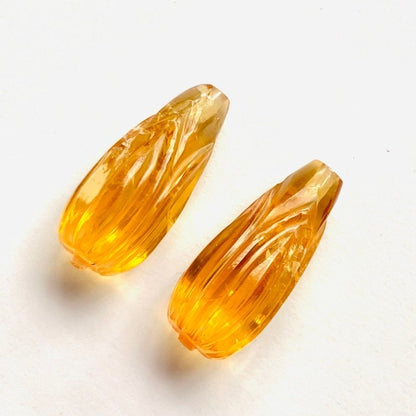 1 Pair Natural Citrine Hand Carved Drop Briolette Beads | Matching Pair Gemstone - BeadsBoatInc