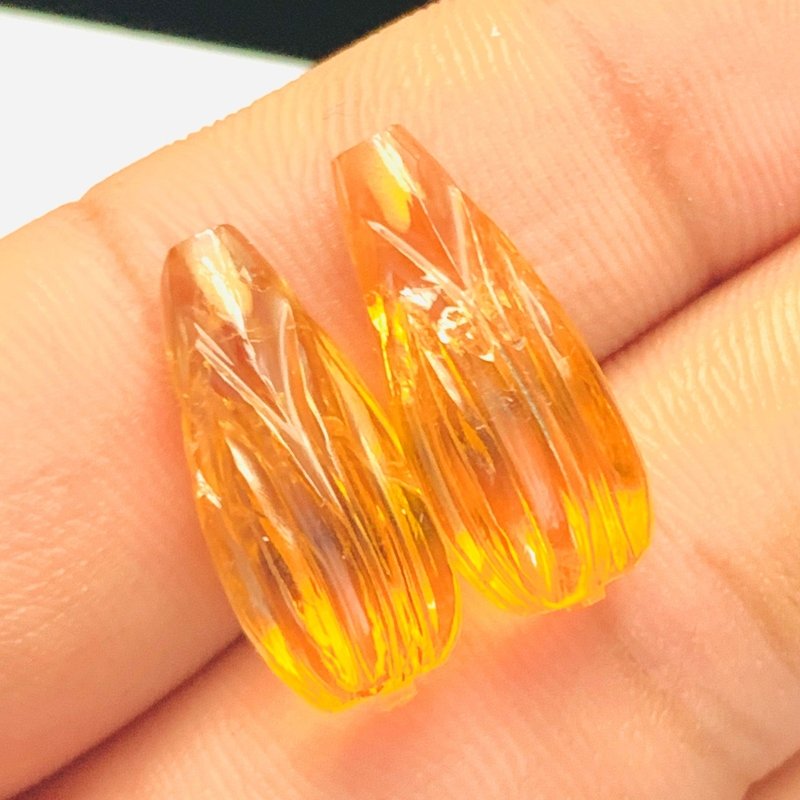 1 Pair Natural Citrine Hand Carved Drop Briolette Beads | Matching Pair Gemstone - BeadsBoatInc