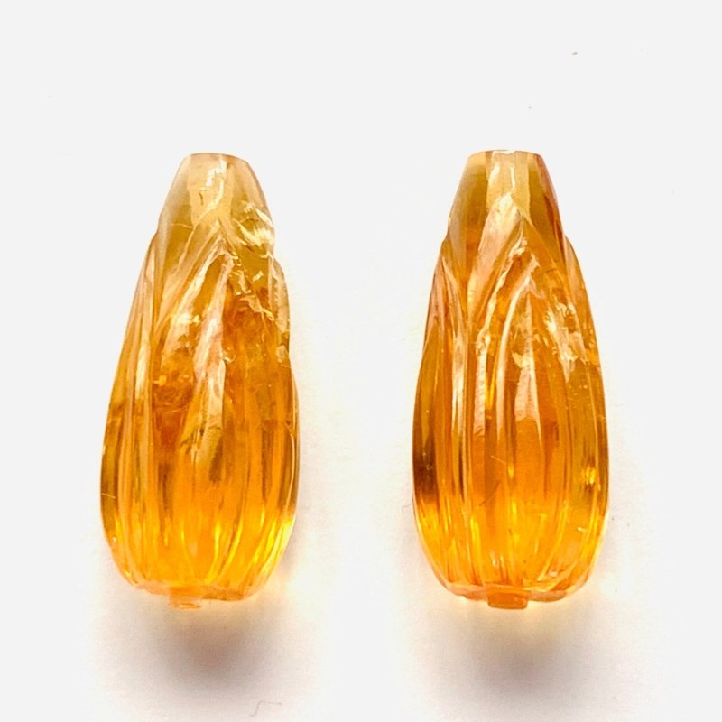 1 Pair Natural Citrine Hand Carved Drop Briolette Beads | Matching Pair Gemstone - BeadsBoatInc