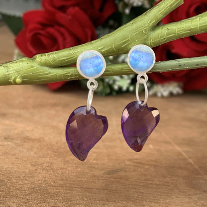 Elegant Amethyst Heart and Moonstone Dangle Earrings – Sterling Silver Handmade Jewelry for a Romantic & Timeless Look