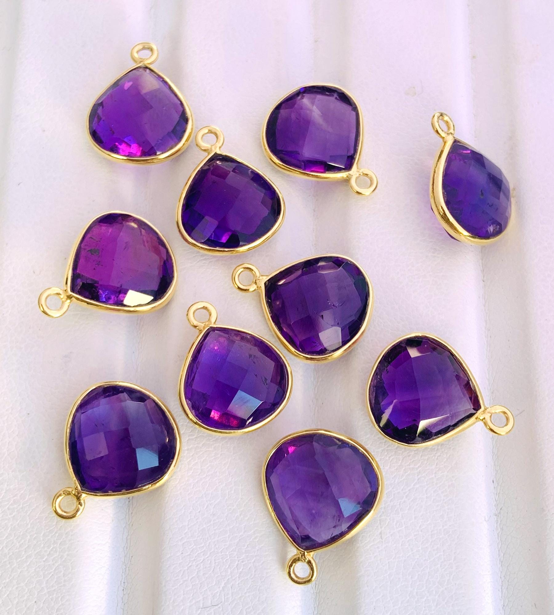 10x10mm Amethyst Silver & Gold Bezel Connectors ~ Heart Shape Charms ~ Link Components for Earrings, Bracelets, Jewelry Making supplies - BeadsBoatInc