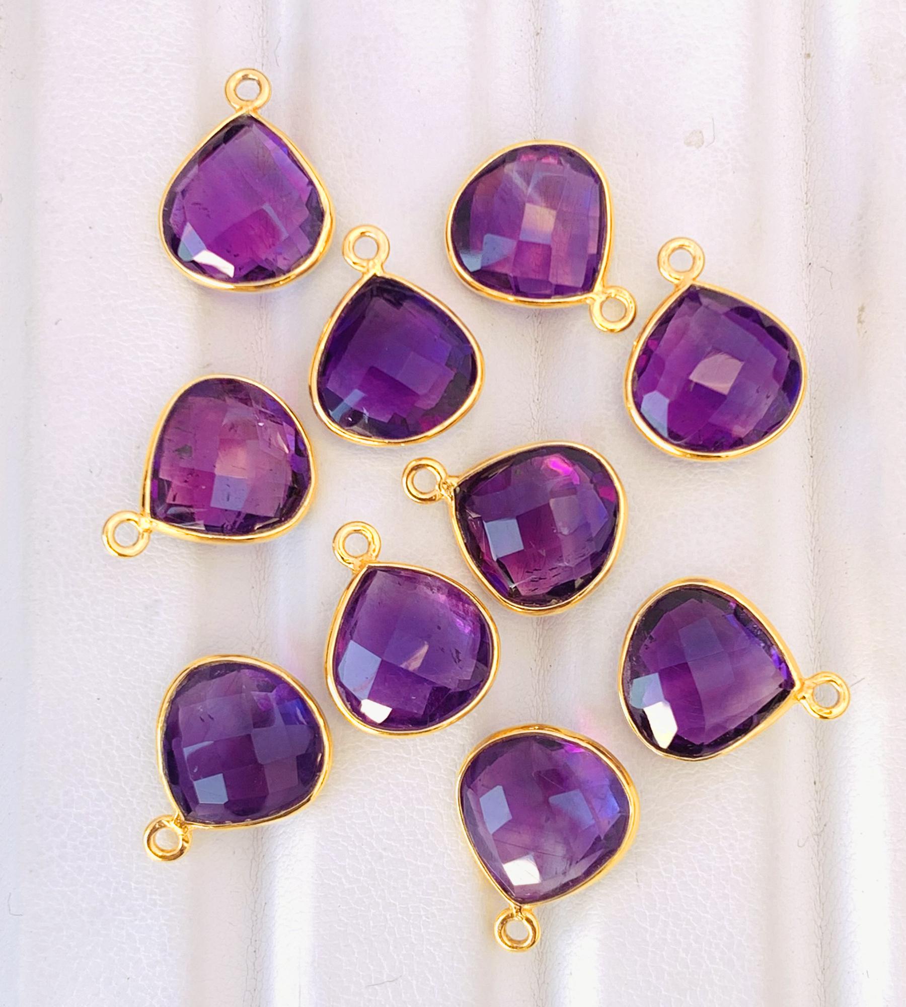 10x10mm Amethyst Silver & Gold Bezel Connectors ~ Heart Shape Charms ~ Link Components for Earrings, Bracelets, Jewelry Making supplies - BeadsBoatInc